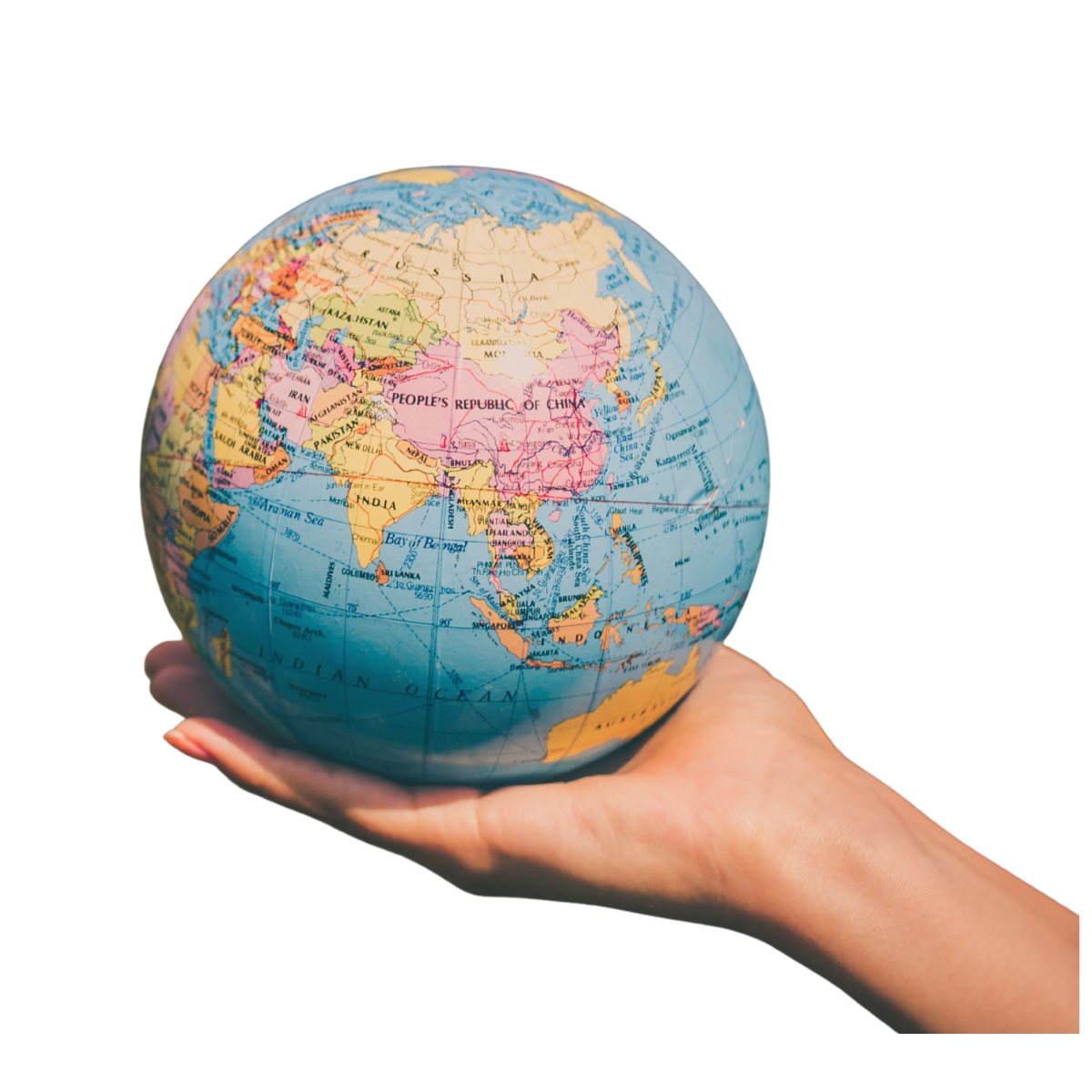 Globe held in a hand, with the Lime leaf mark
